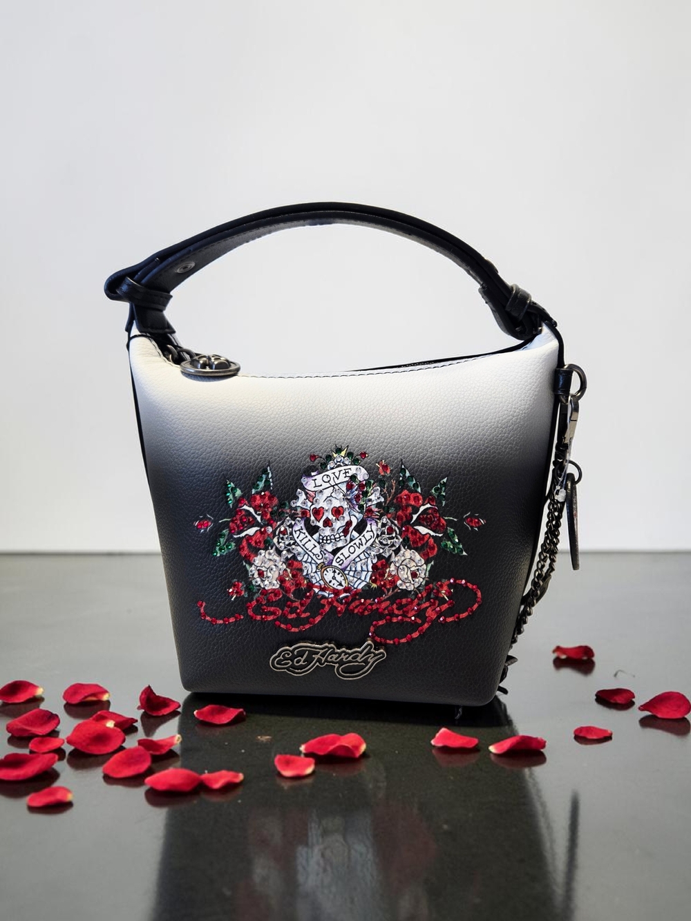 NEW Ed Hardy Original  Clutch Purse With Rhinestones Skull Motif & Charms 9"x6x5